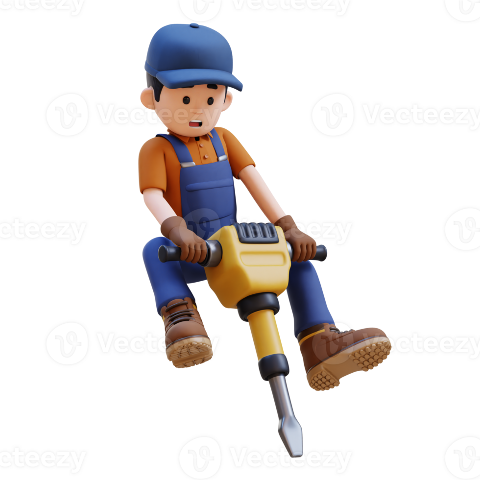 3D Construction Worker Character Working with Jackhammer png