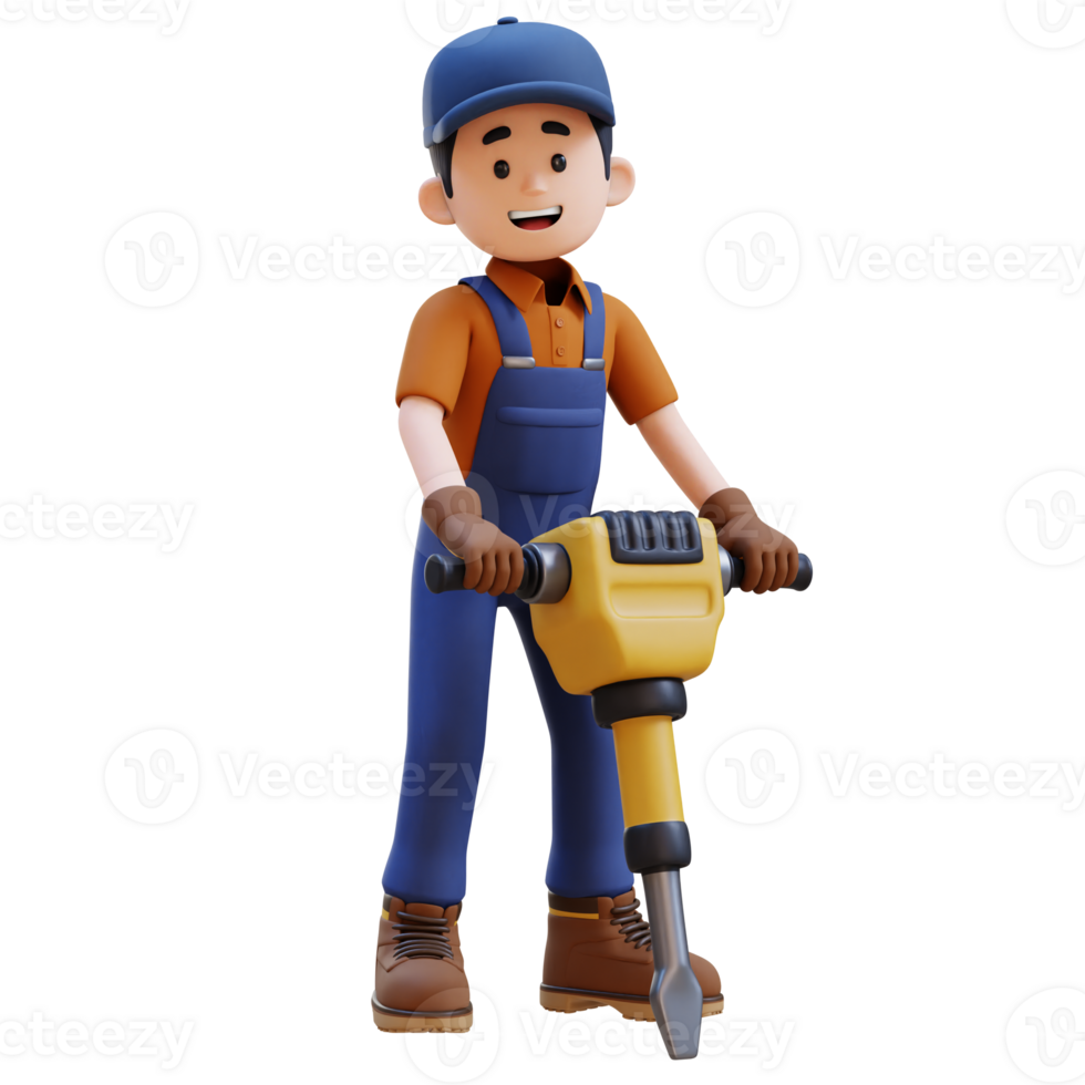 3D Construction Worker Character Working with Jackhammer png