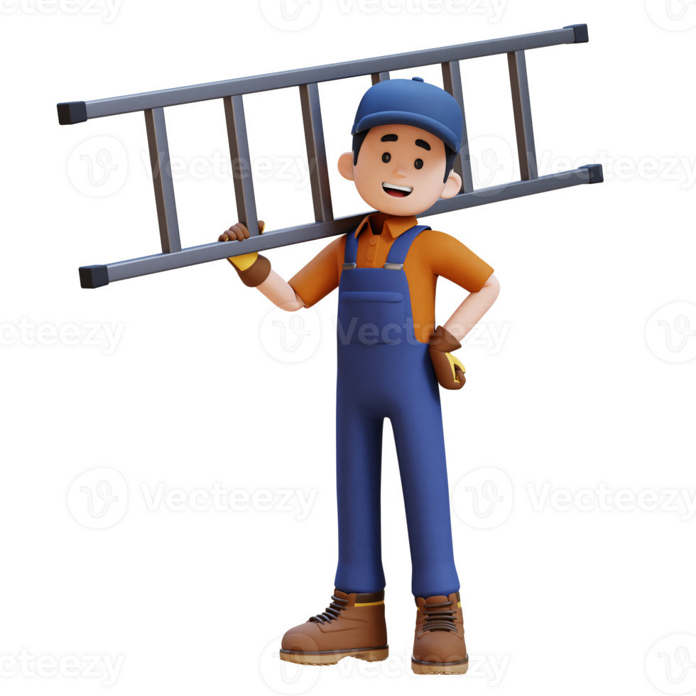 3D Construction Worker Character Carrying Ladder on Shoulder png