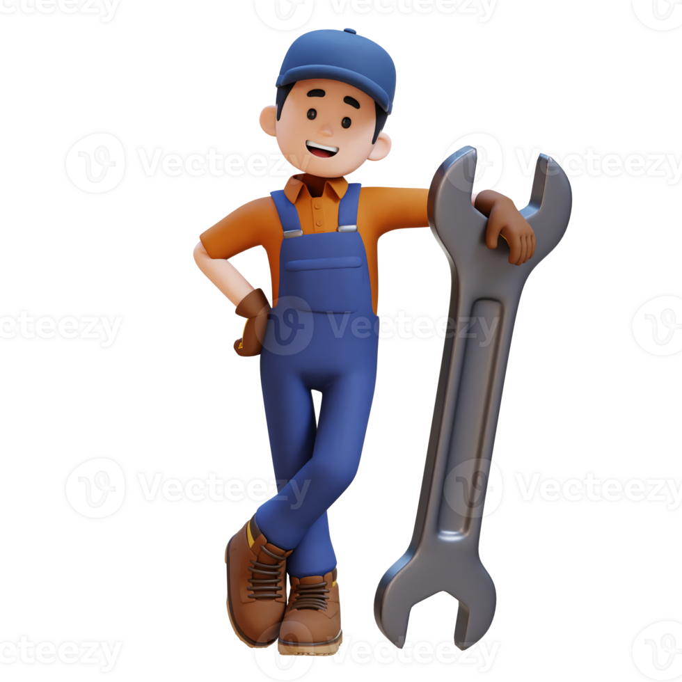 3D Construction Worker Character Lying on Big Wrench png