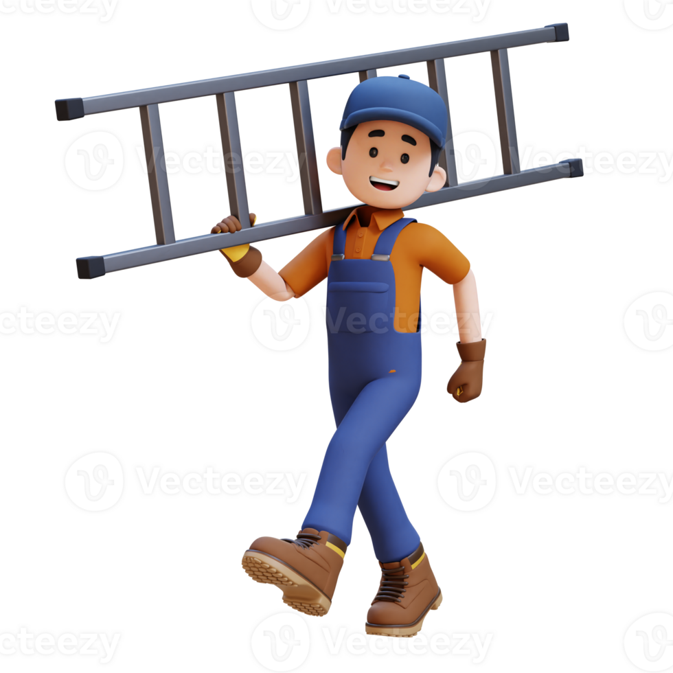 3D Construction Worker Character Walking and Carrying Ladder on Shoulder png