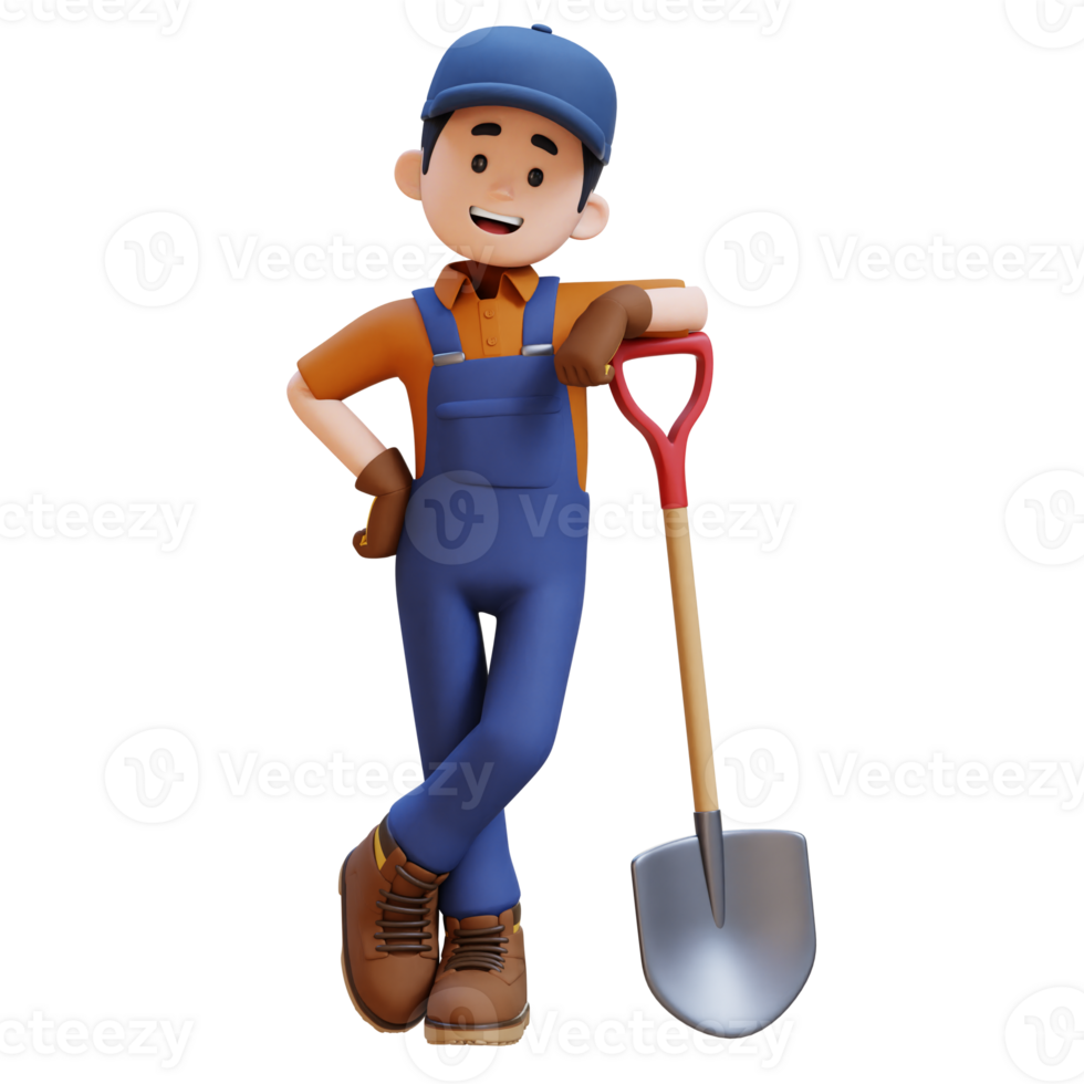 3D Construction Worker Character Lying on a Shovel png