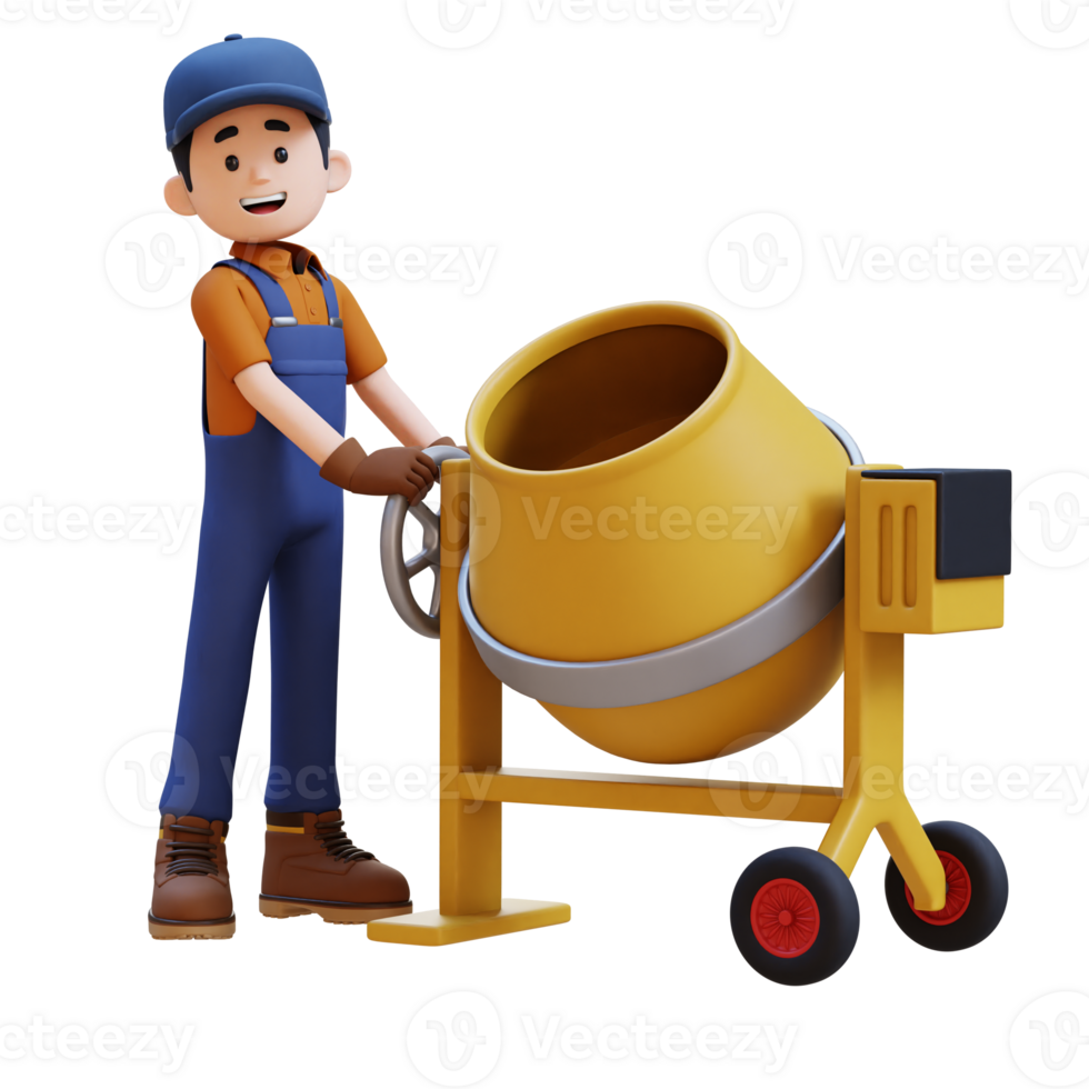 3D Construction Worker Character Working on Concrete Mixer png
