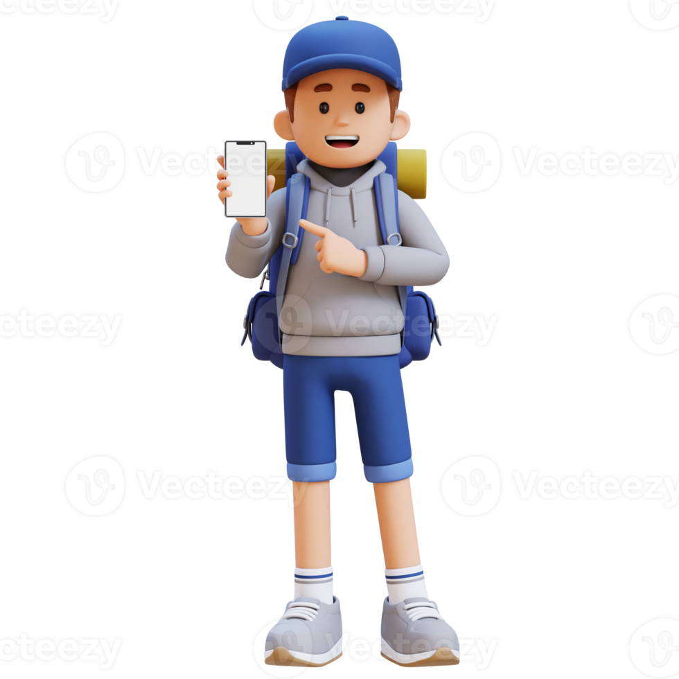 3D Traveller Character Pointing to Empty Phone Screen png