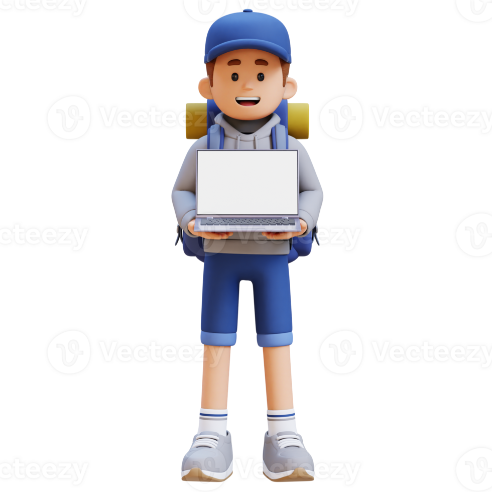 3D Traveller Character Holding Laptop with Empty Screen png