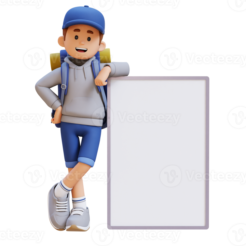 3D Traveller Character Lying on Blank Placard png