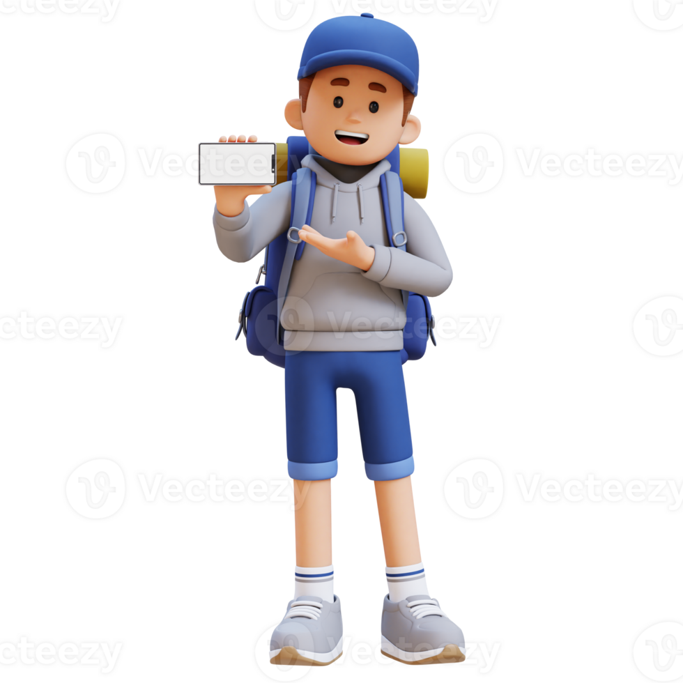 3D Traveller Character Presenting on Empty Phone Screen png