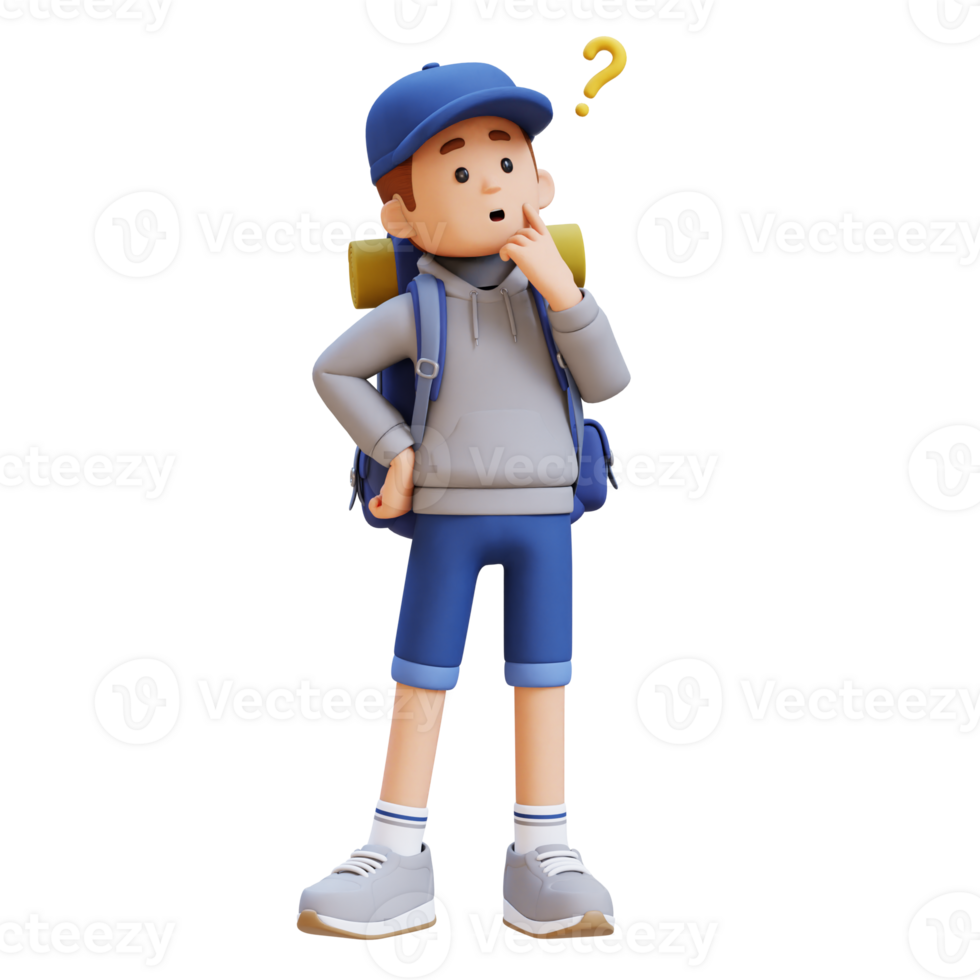 3D Traveller Character Confused and Thinking Pose png