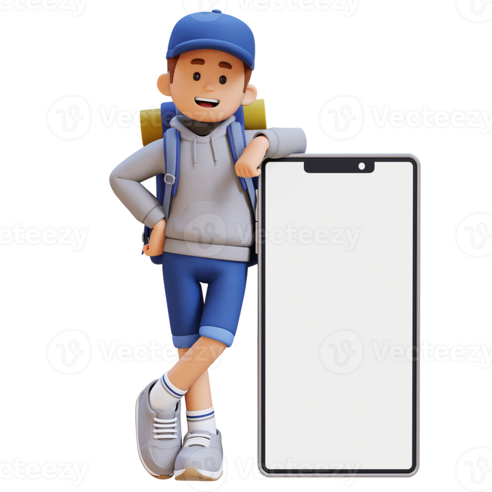 3D Traveller Character Lying on Large Empty Phone Screen png