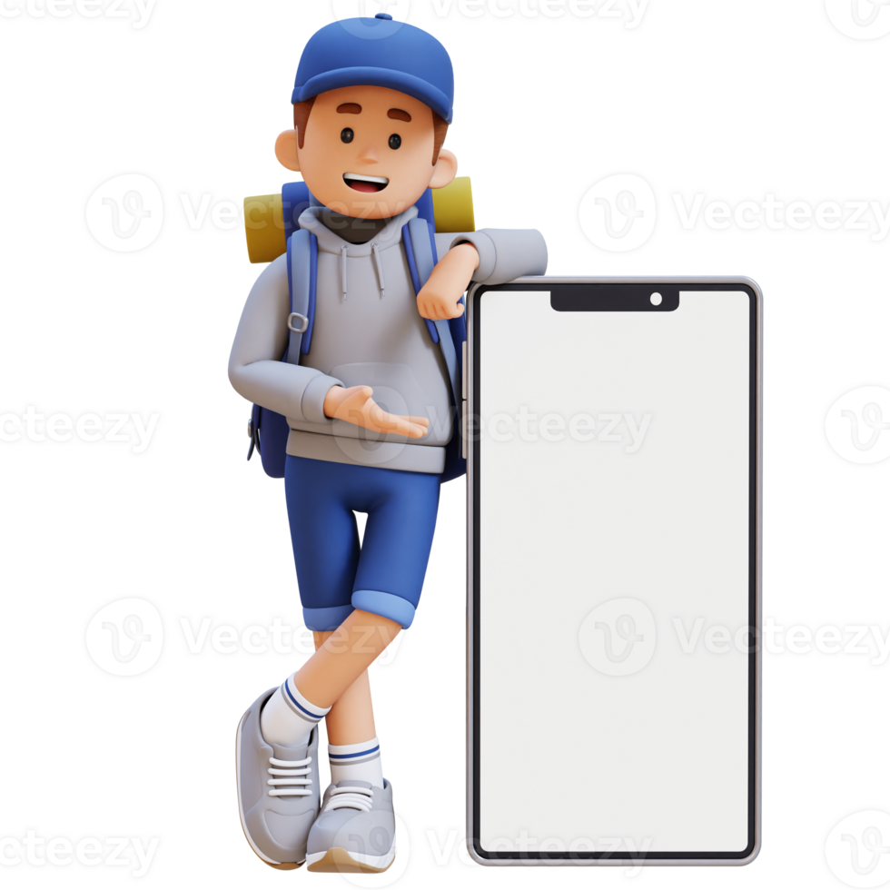 3D Traveller Character Presenting and Lying on Big Empty Phone Screen png