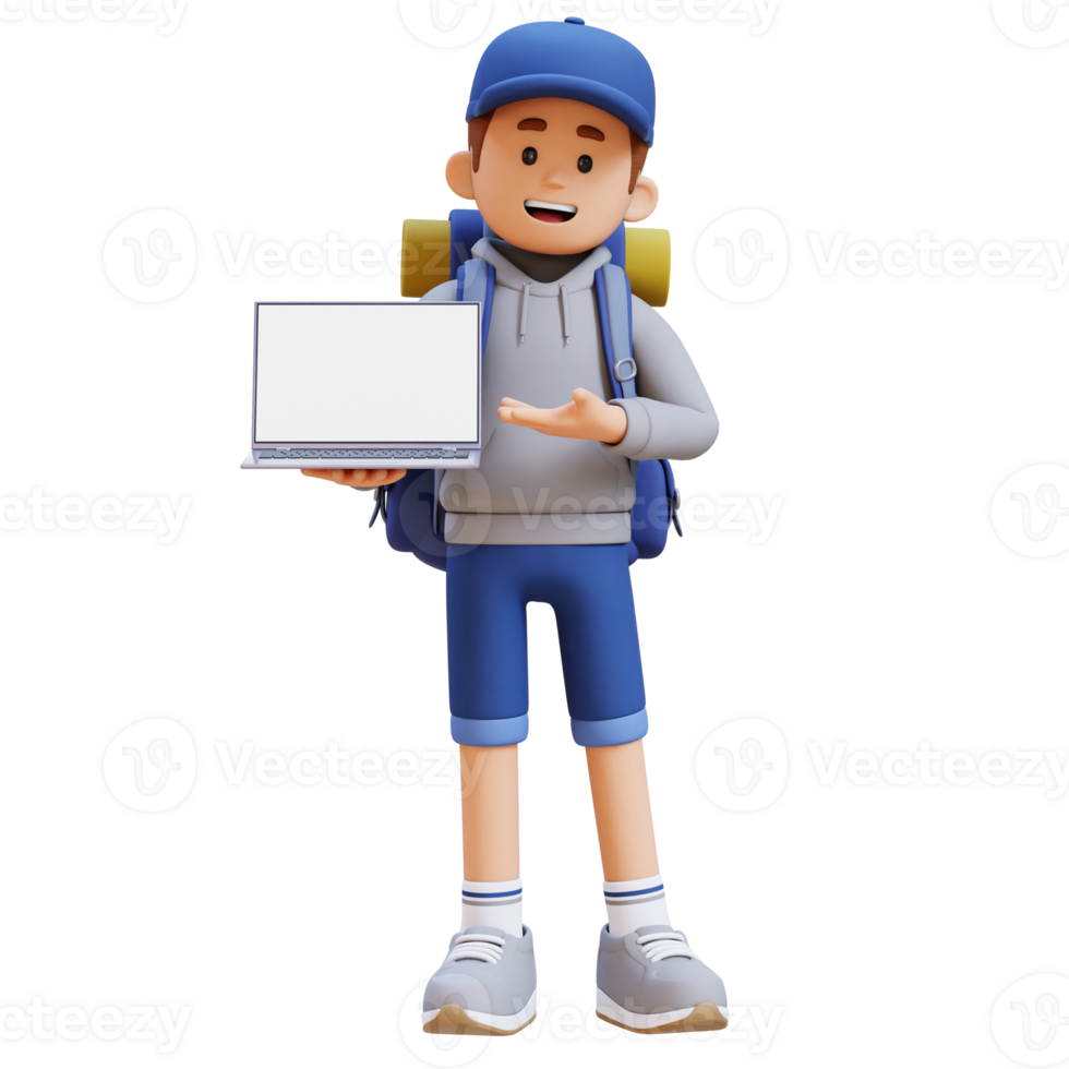 3D Traveller Character Presenting on Empty Computer Screen png