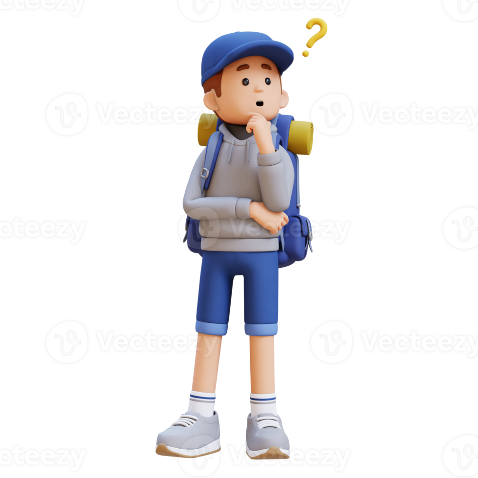 3D Traveller Character Confused and Thinking Pose png