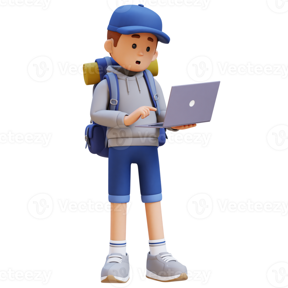 3D Traveller Character Working on a Laptop png
