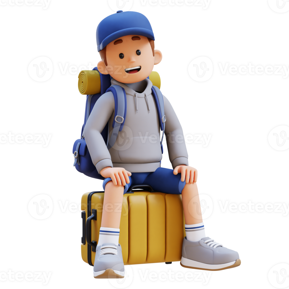 3D Traveller Character Sitting on a Suitcase png