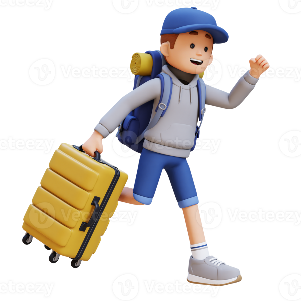 3D Traveller Character Running with Suitcase png
