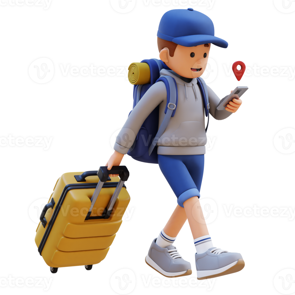 3D Traveller Character Checking Map on Phone while Walking and Pull Suitcase png
