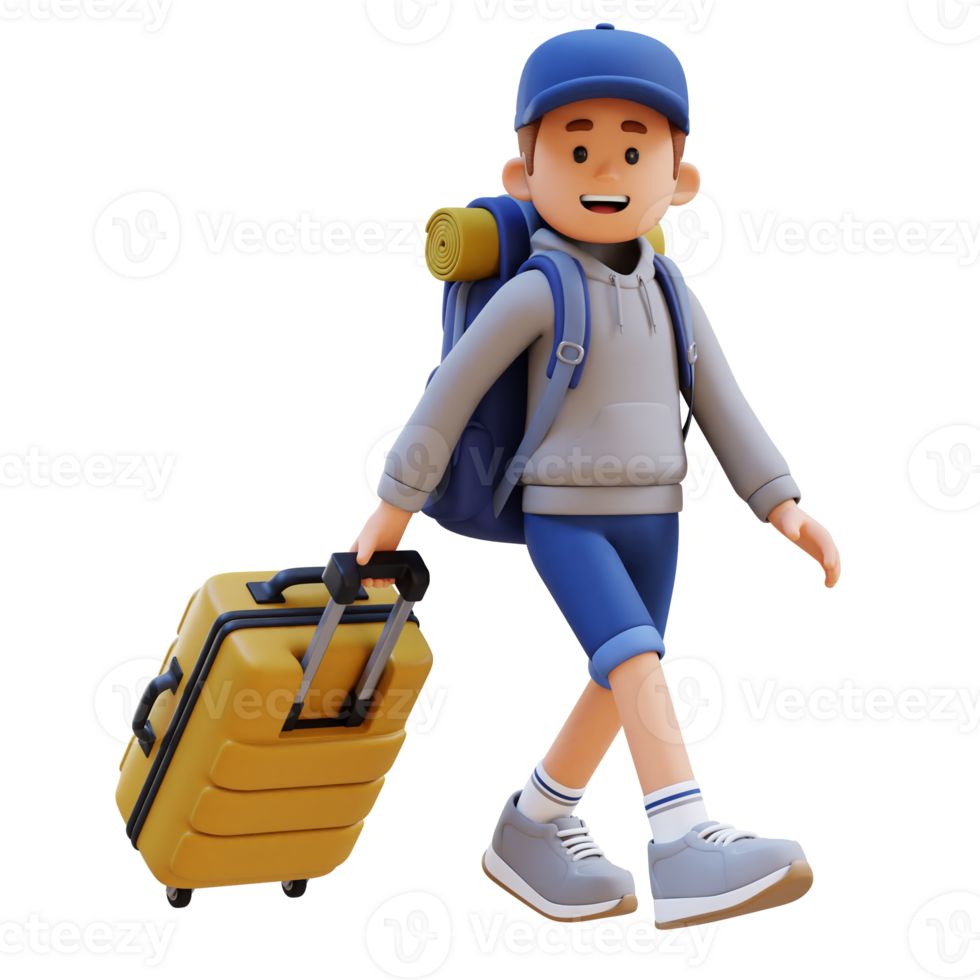 3D Traveller Character Walking and Pull Suitcase png
