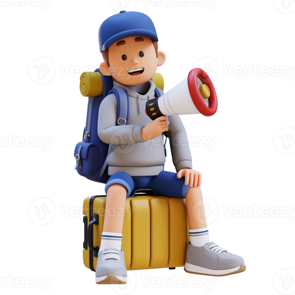 3D Traveller Character Sitting on a Suitcase and holding megaphone png