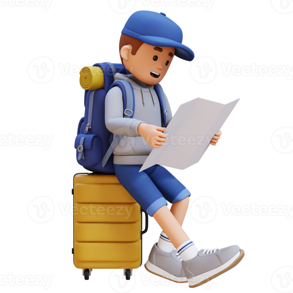 3D Traveller Character Sitting on a Suitcase and Checking the Map png