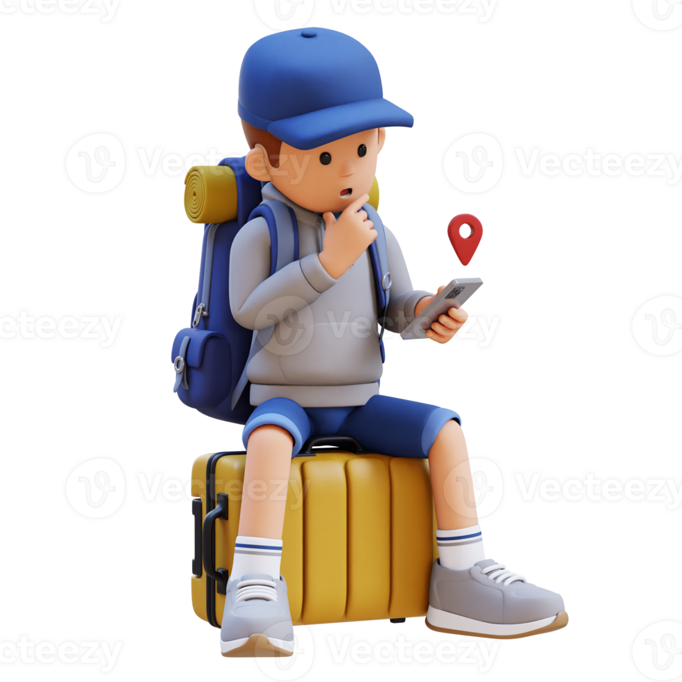 3D Traveller Character Sitting on a Suitcase and checking the GPS Location on smart phone png