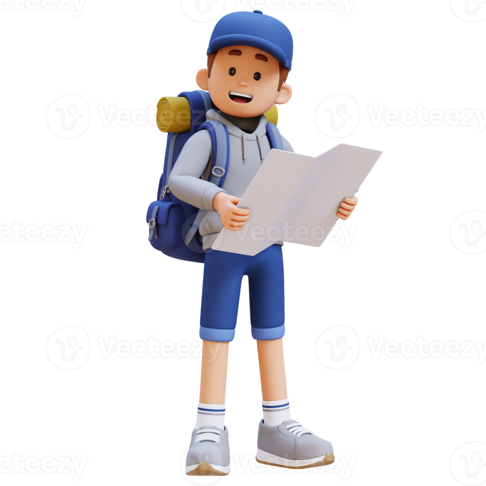 3D Traveller Character Standing and Holding Map png