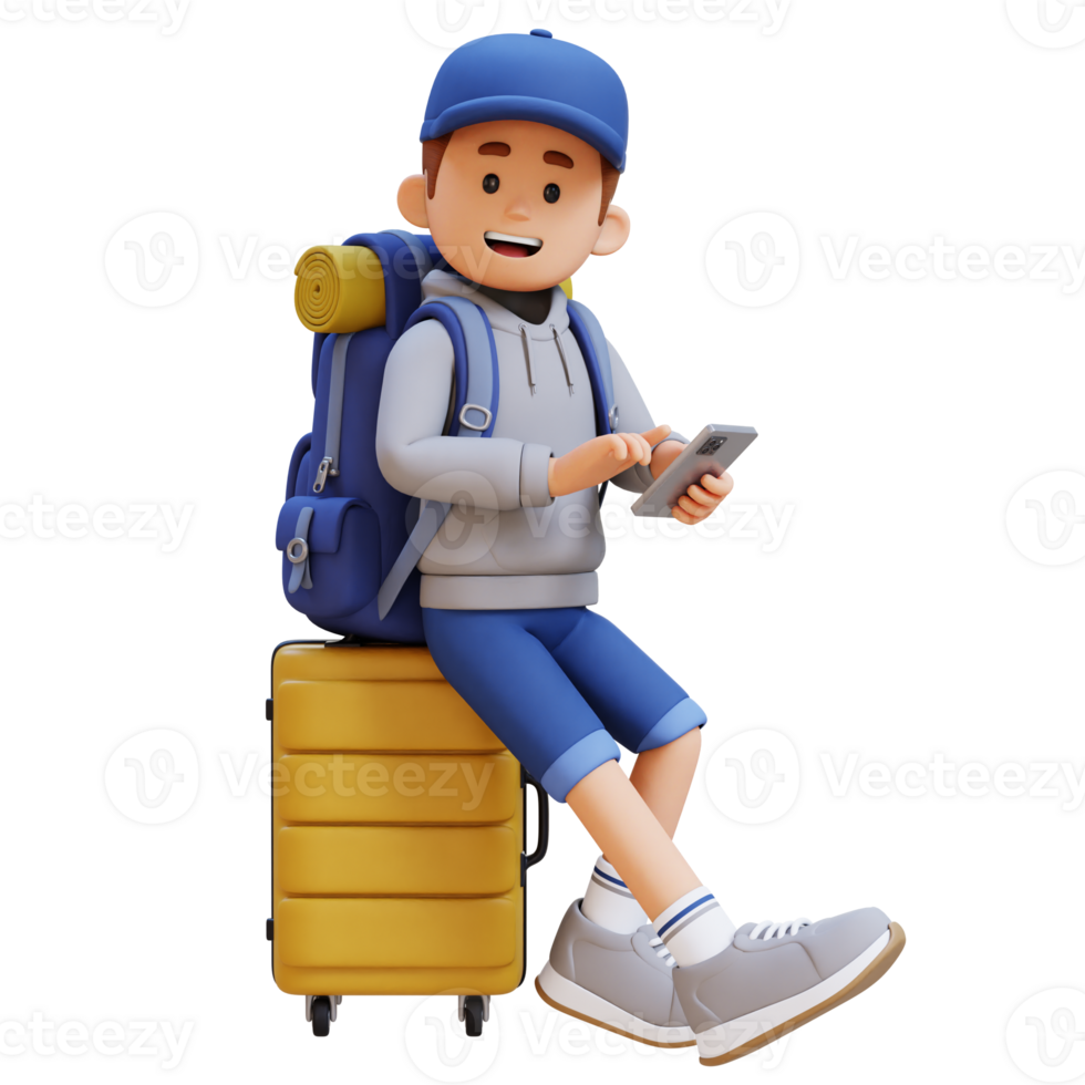 3D Traveller Character Sitting on a Suitcase and holding smart phone png