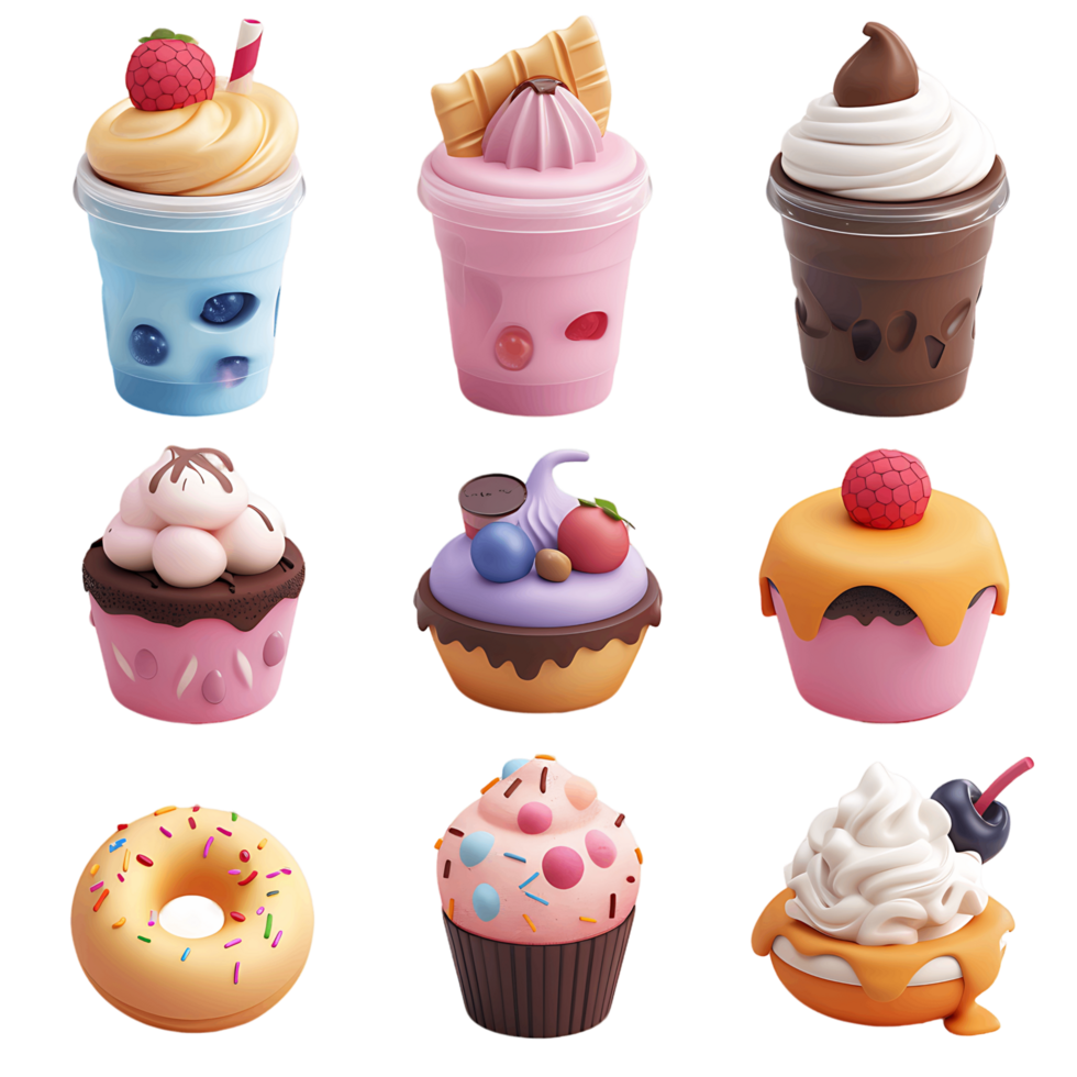 3D sweet treats icon set transparent background png