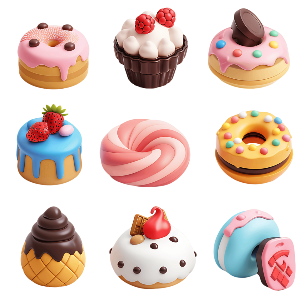Sweet food icons 3D set on transparent png
