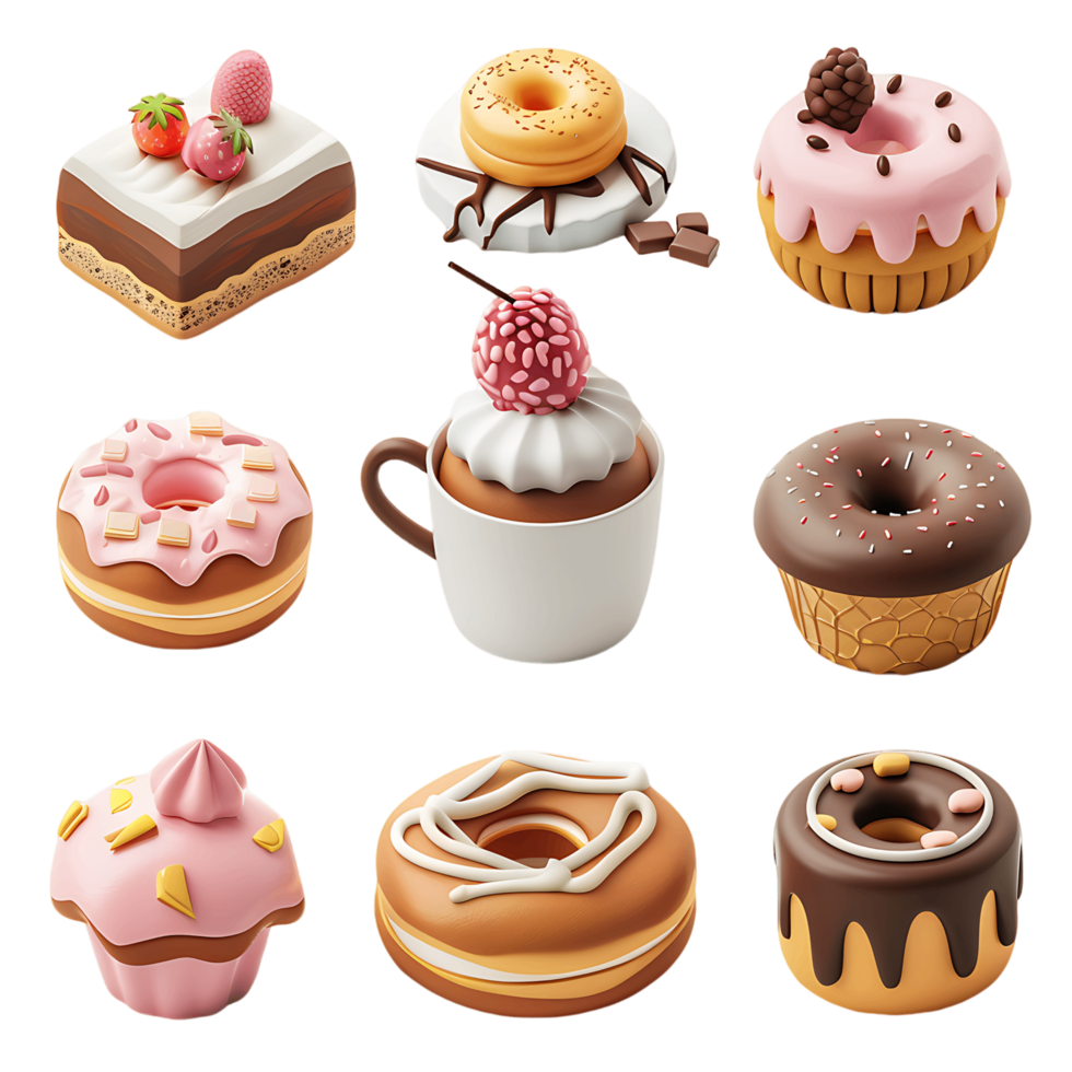 Sweet food 3D icon set isolated on transparent png