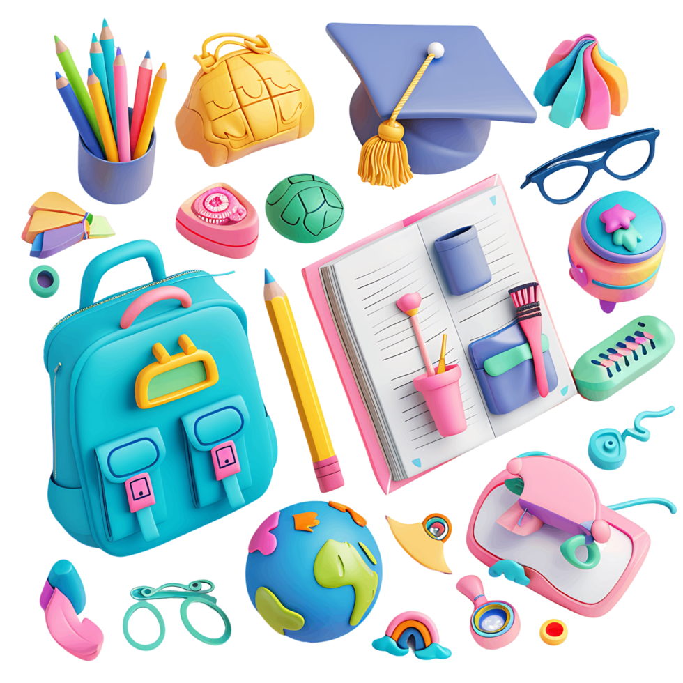 School and education 3D icons set transparent background png