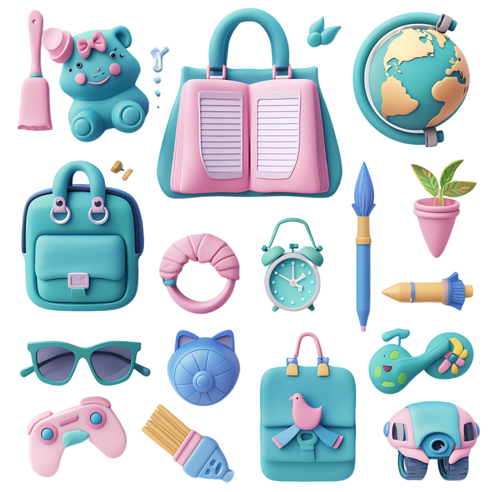 School icons 3D set transparent background png