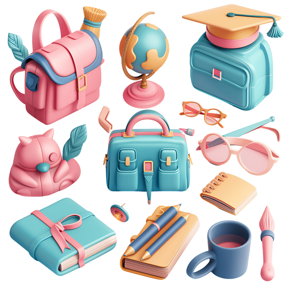 3D school icons set isolated on transparent png
