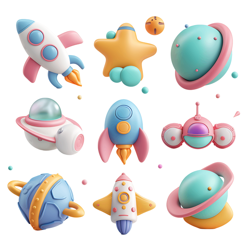 Space icons 3D set isolated on transparent png