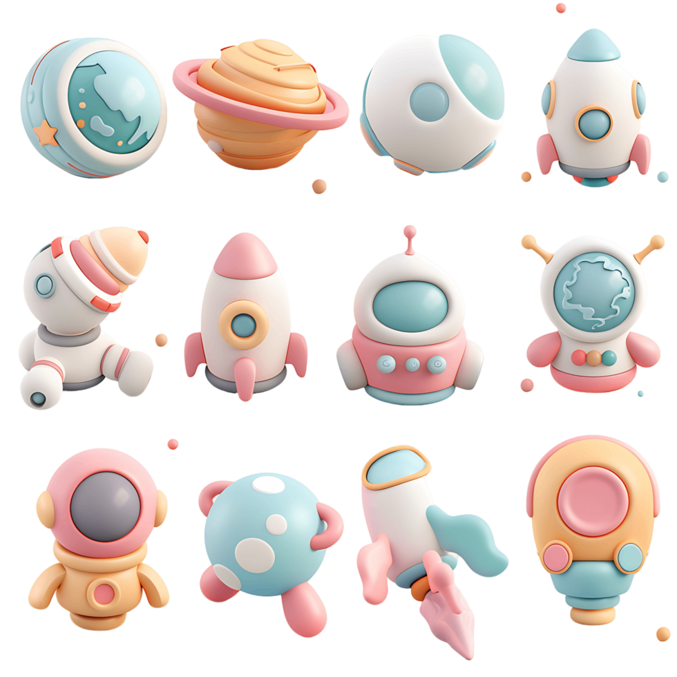 Space objects icon set 3D transparent png