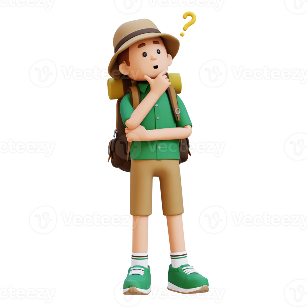 3D Traveller Character Confused and Thinking Pose png