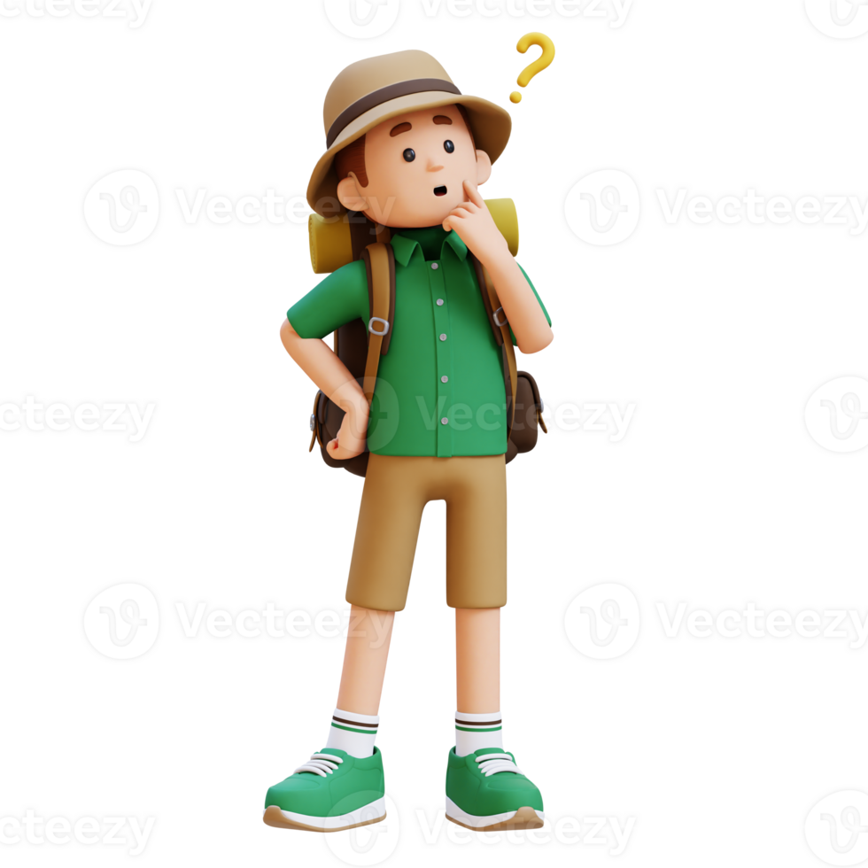 3D Traveller Character Confused and Thinking Pose png