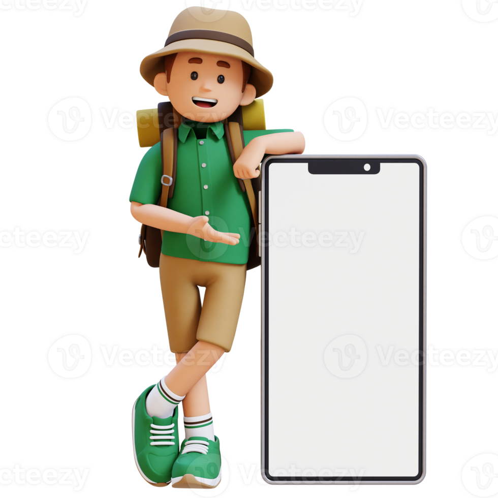 3D Traveller Character Presenting and Lying on Big Empty Phone Screen png