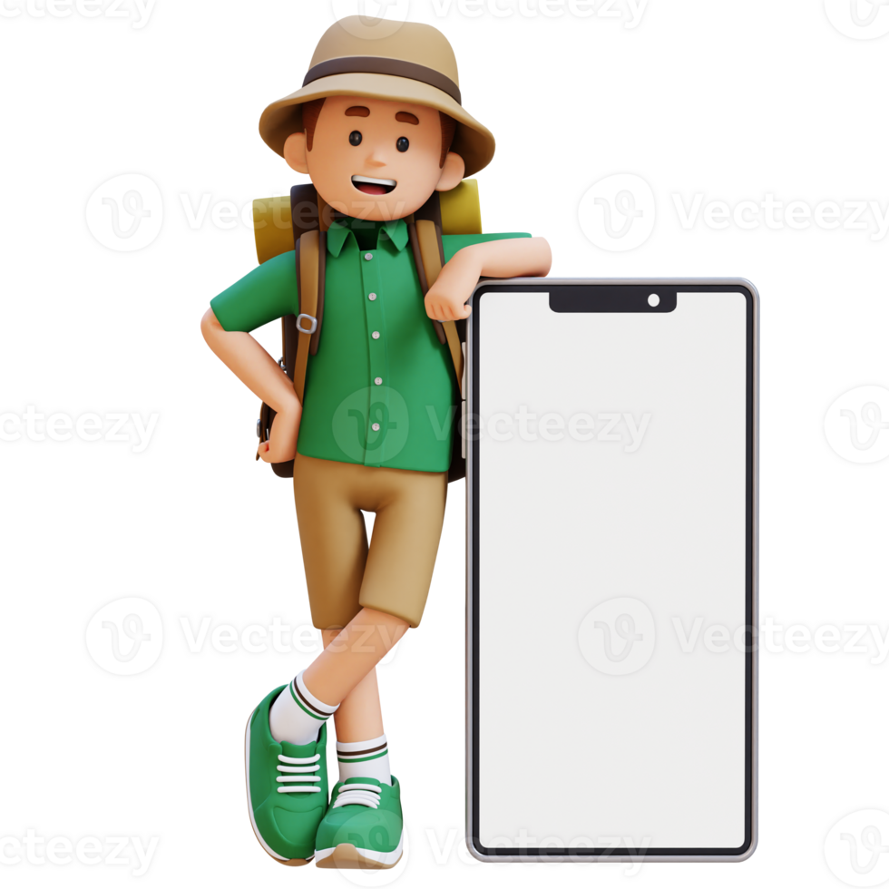 3D Traveller Character Lying on Large Empty Phone Screen png