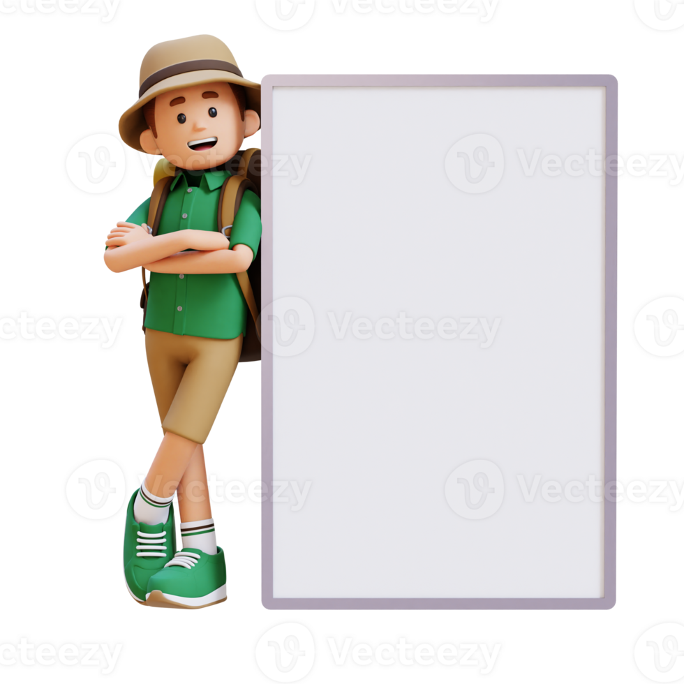 3D Traveller Character Lying on Blank Placard in Crossed Arm Pose png