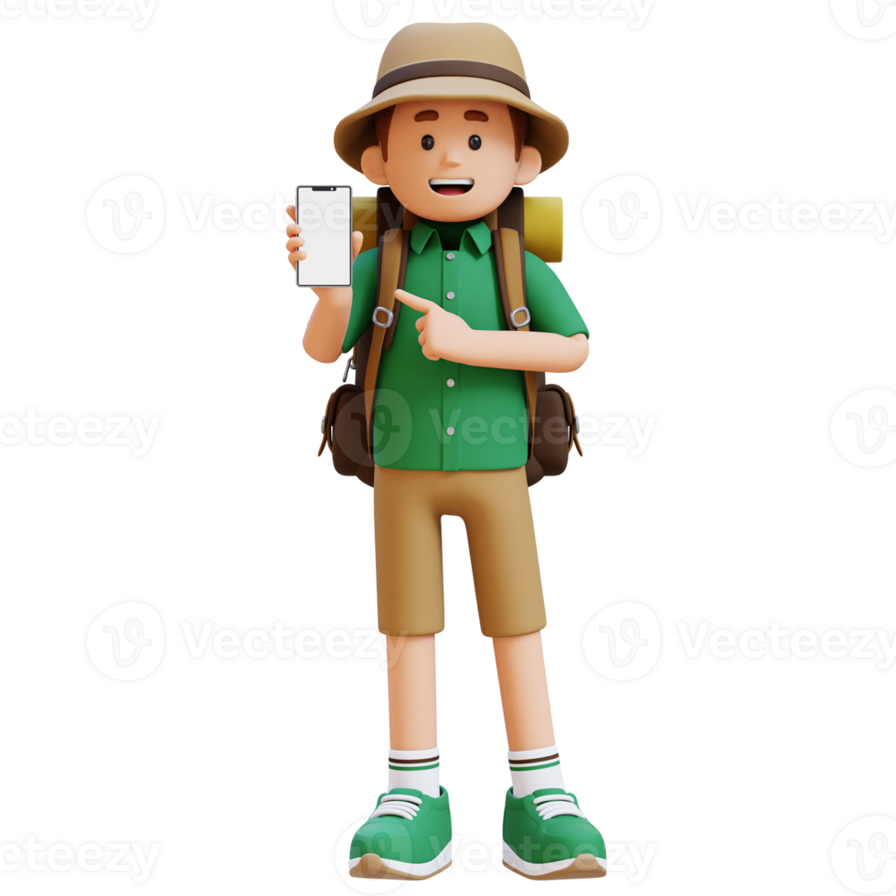 3D Traveller Character Pointing to Empty Phone Screen png