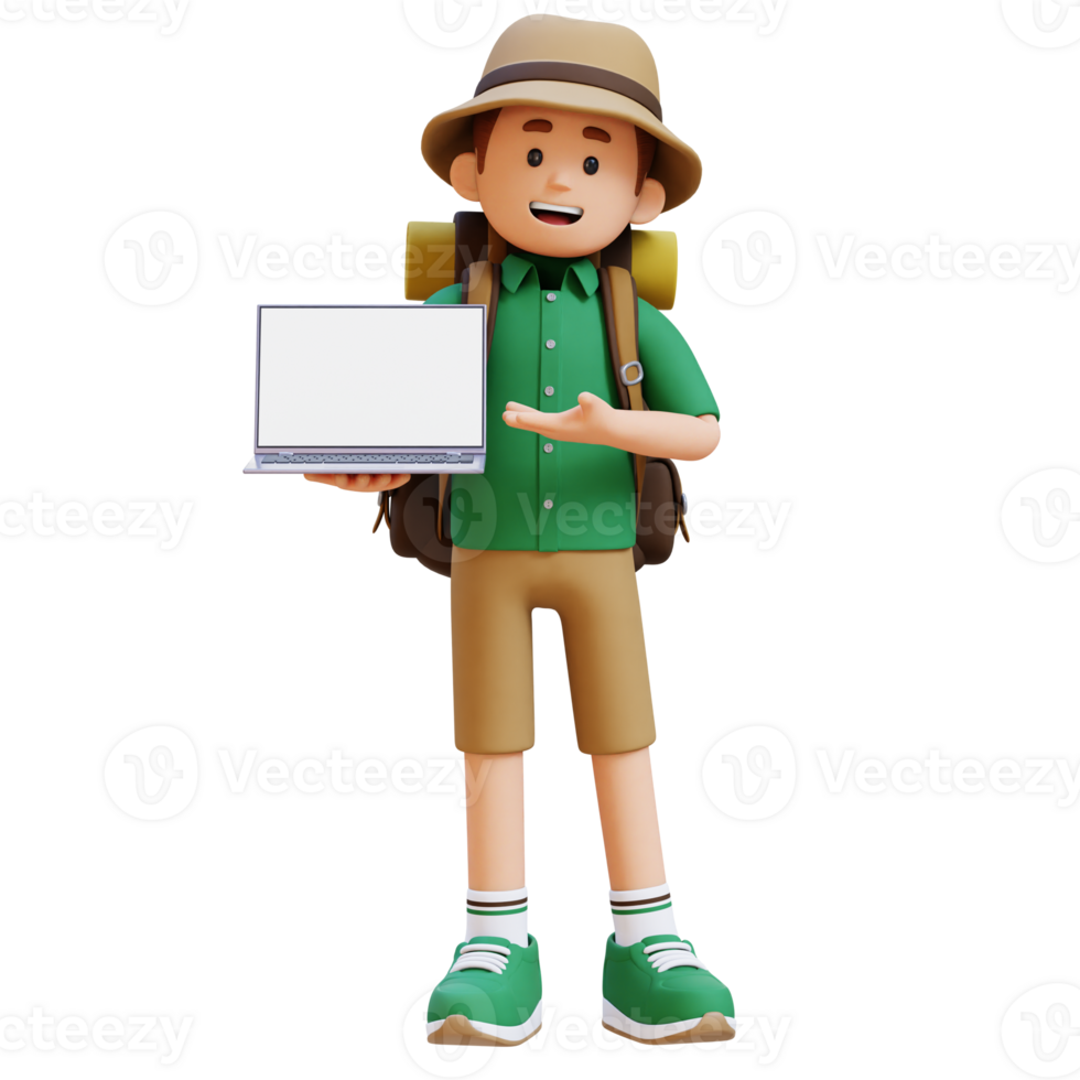 3D Traveller Character Presenting on Empty Computer Screen png