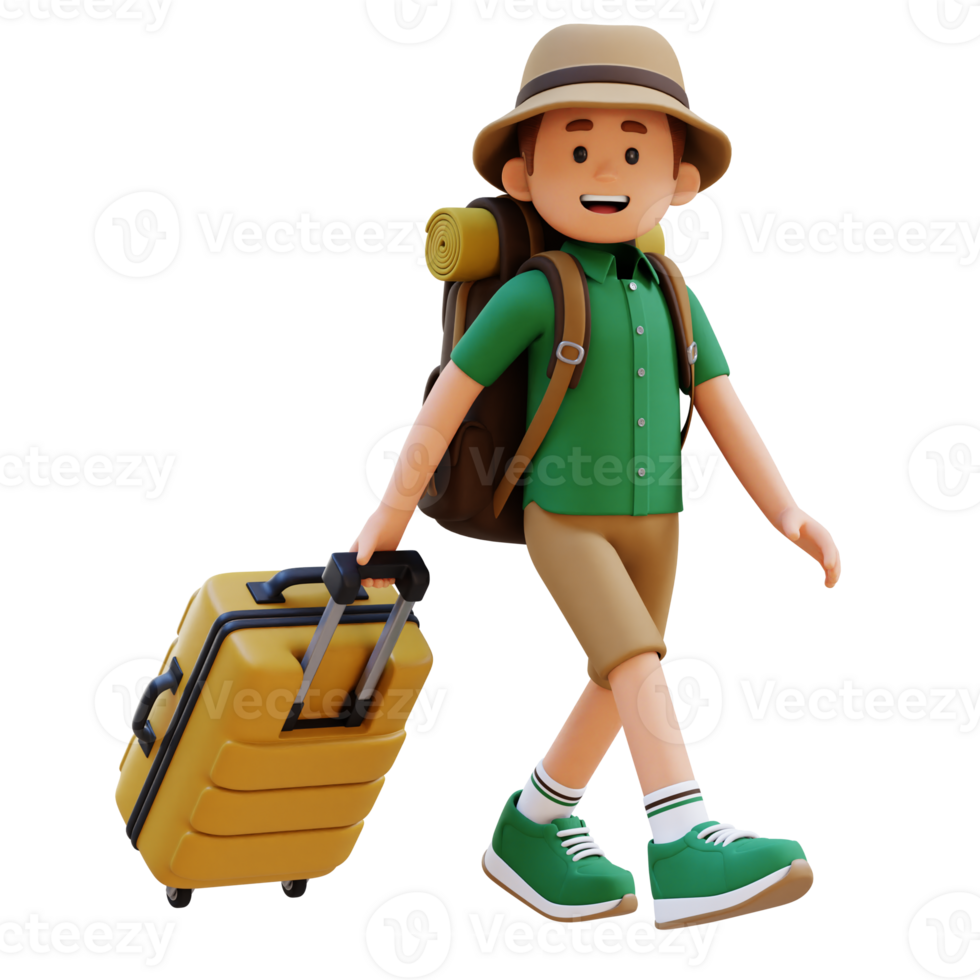 3D Traveller Character Walking and Pull Suitcase png
