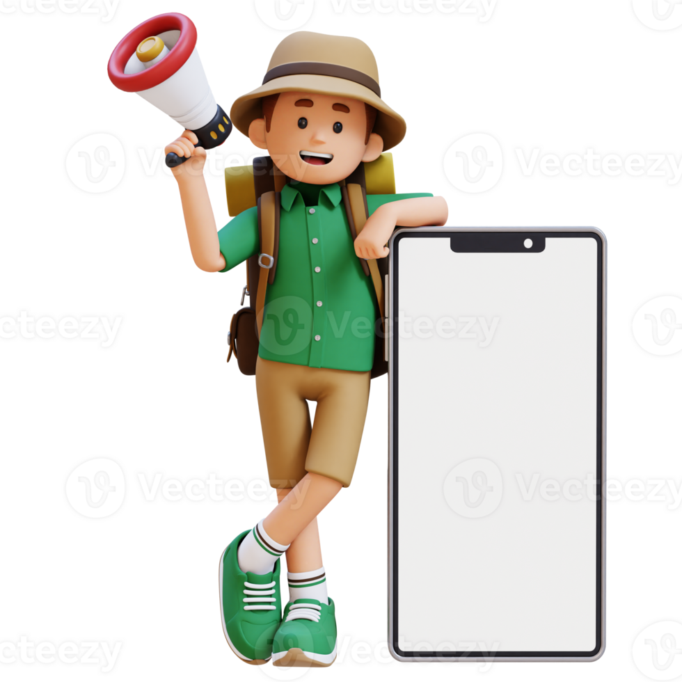 3D Traveller Character Holding Megaphone and Lying on Big Empty Phone Screen png