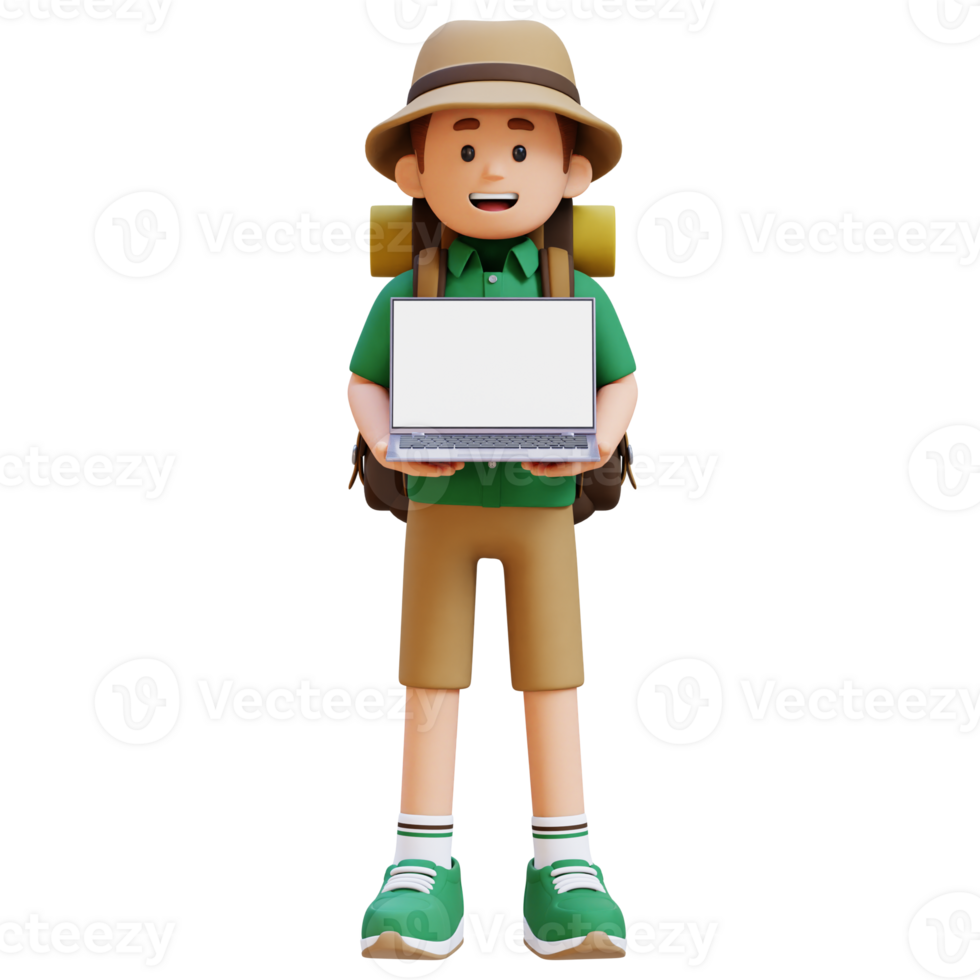 3D Traveller Character Holding Laptop with Empty Screen png