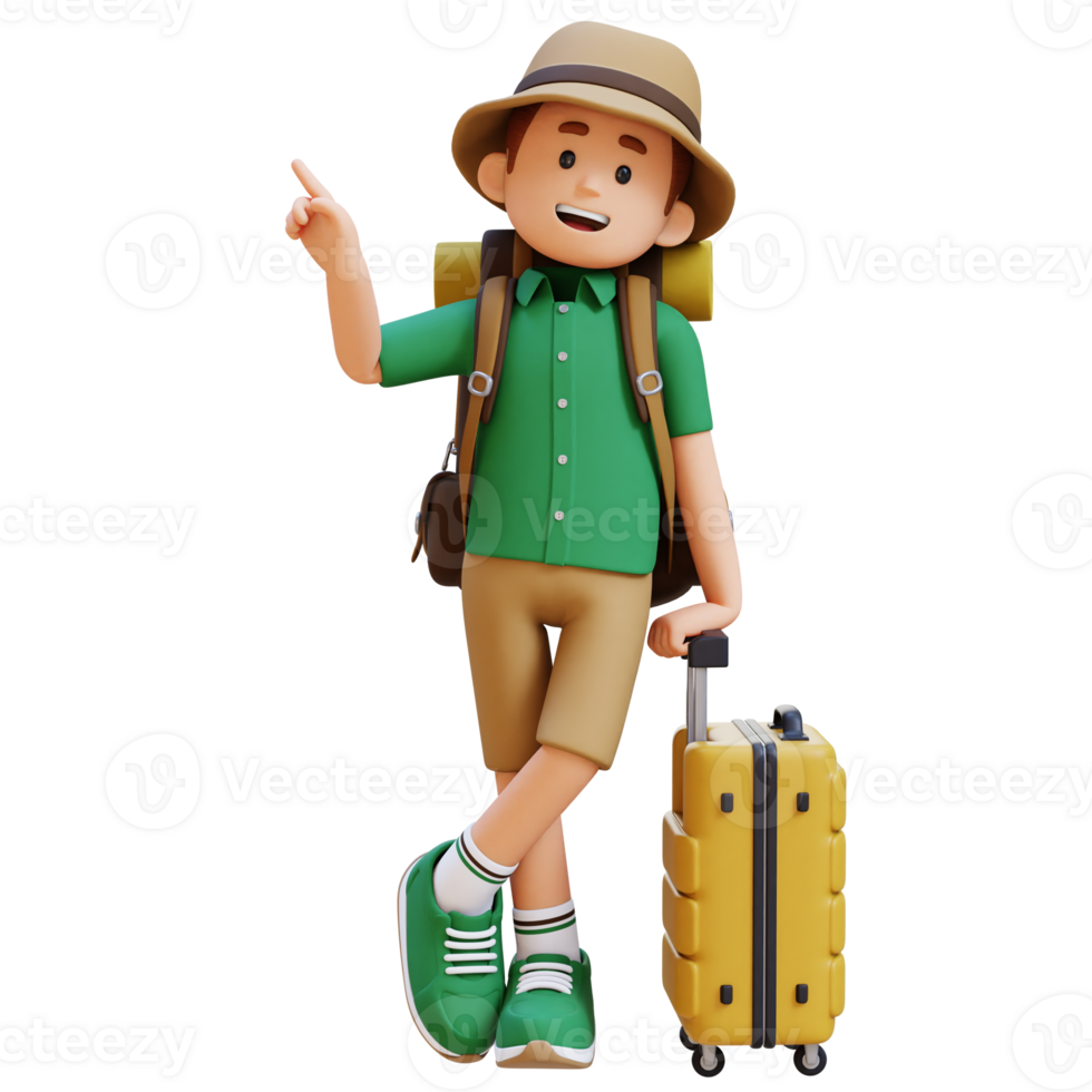 3D Traveller Character Lying on Suitcase while pointing up png