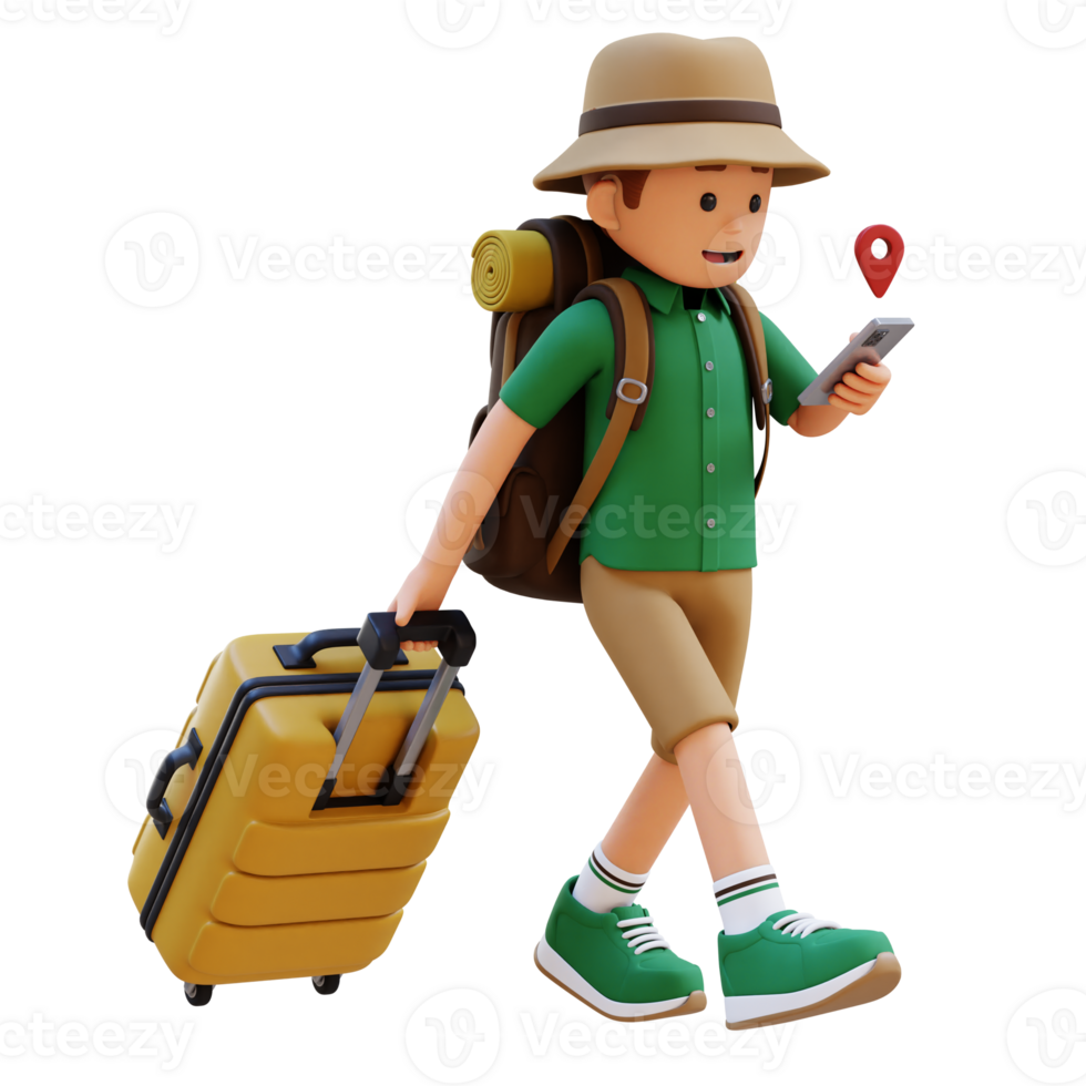 3D Traveller Character Checking Map on Phone while Walking and Pull Suitcase png