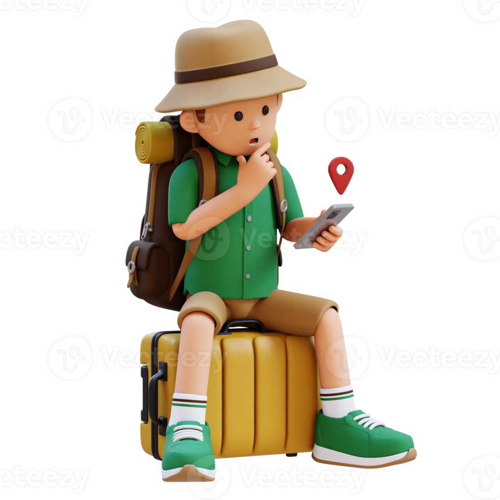 3D Traveller Character Sitting on a Suitcase and checking the GPS Location on smart phone png