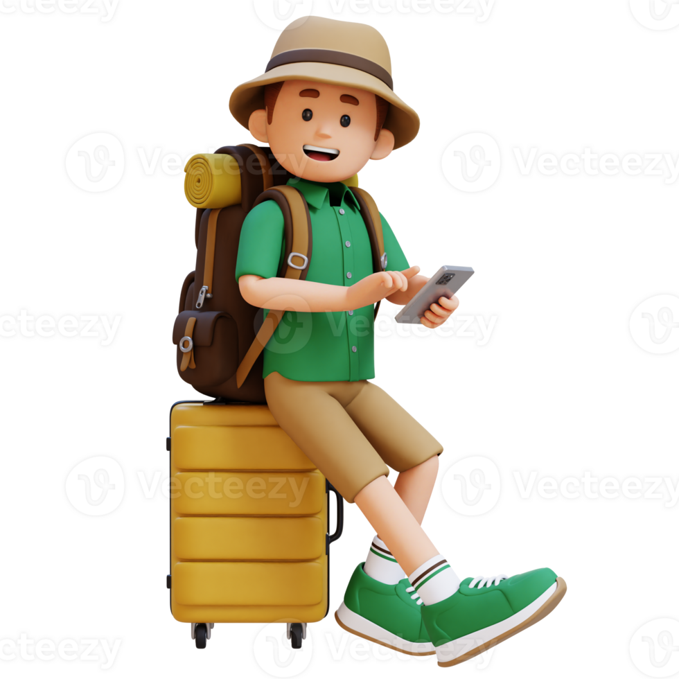 3D Traveller Character Sitting on a Suitcase and holding smart phone png