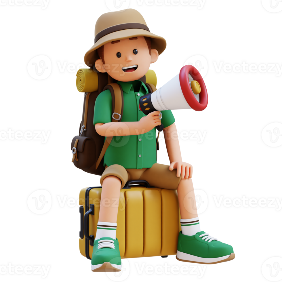 3D Traveller Character Sitting on a Suitcase and holding megaphone png