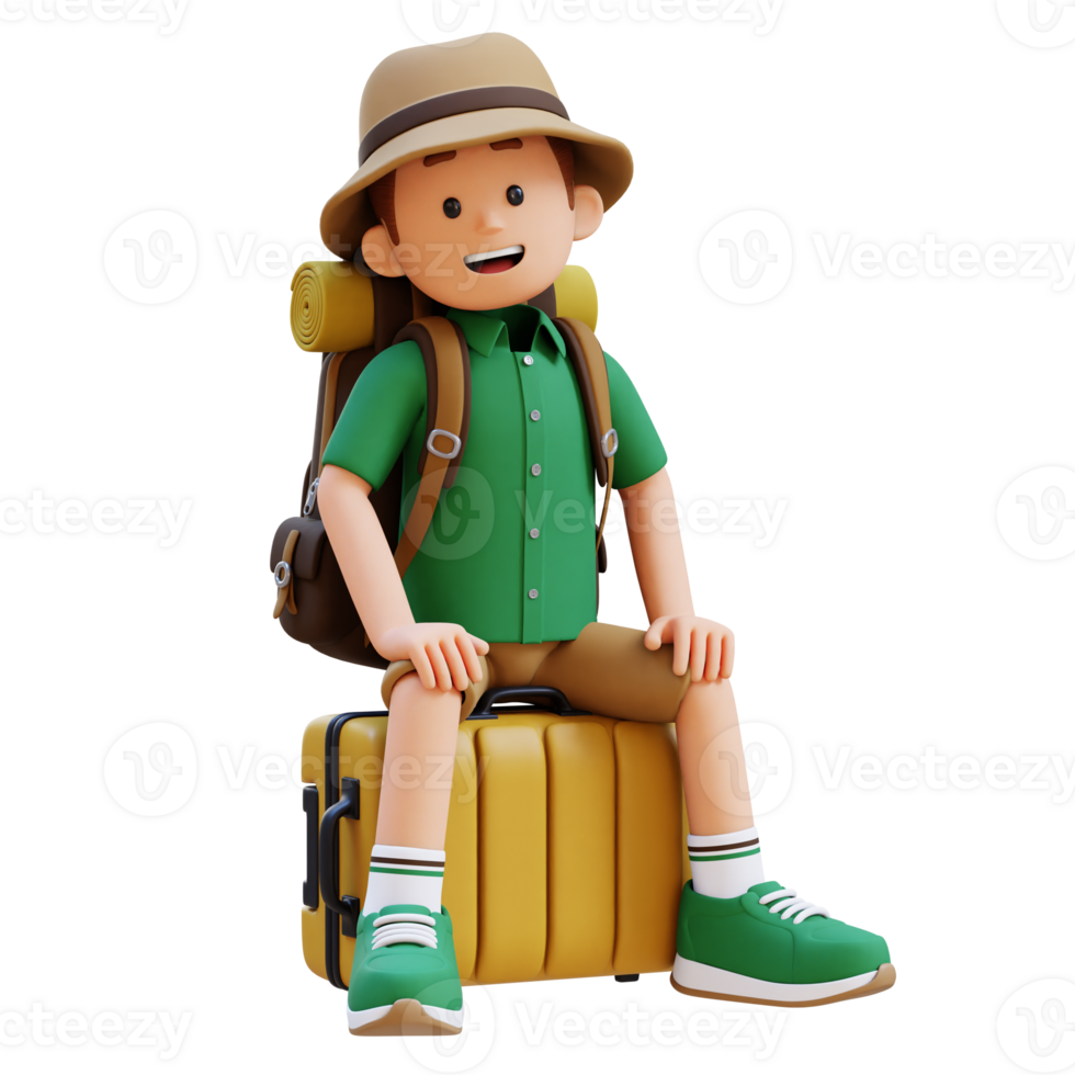 3D Traveller Character Sitting on a Suitcase png